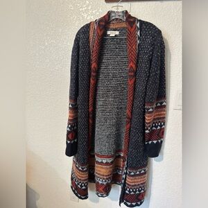 Natural Reflections Black Cardigan with Rust and Cream Aztec Trim